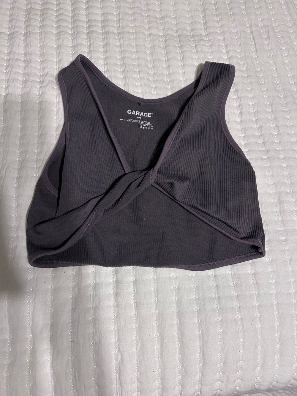 Garage Ribbed Twist-Front Crop Tank Top in Charcoal Gray